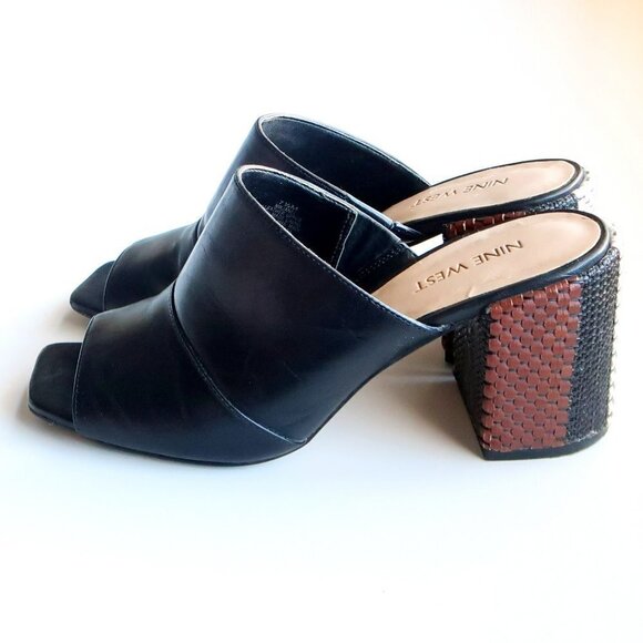 Nine West Janel Black Leather Square Toe Woven Block Heel Mules / Slip On Shoes - Picture 11 of 16